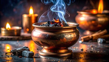 Close Up Of Burning Incense In A Copper Bowl With Smoke Wisps And Two Candles In The Background Creating A Mystical Ambiance
