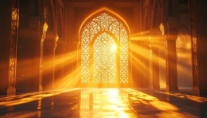 Grand Ornate Hallway Bathed In Golden Sunlight Streaming Through Intricate Window Patterns Dramatic Light Rays Illuminating Marble Floor