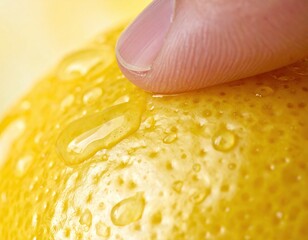 Close Up of a Finger Pressing a Wet Yellow Lemon with Water Droplets Macro Photography Freshness Concept