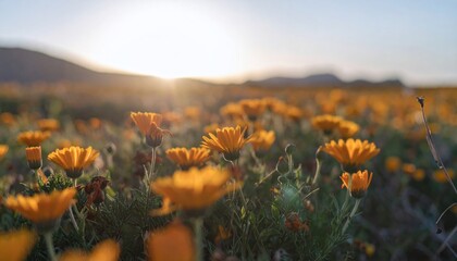 Golden Field of Flowers at Sunset - A Serene Landscape.