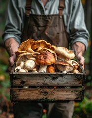 Person Holding Wooden Crate Full of Assorted Wild Mushrooms in Forest Environment Outdoors