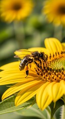 Bee Pollinating Sunflower in Sunny Field.