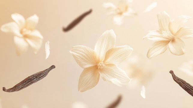 Floating vanilla flowers and beans.