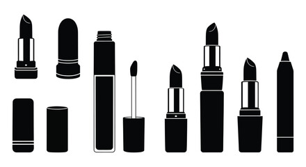 Obraz premium Lipstick and lip gloss tubes silhouettes in various states and designs