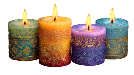 Three glowing Christmas candles with yellow flames and burning wicks stand on a white background as a festive holiday decoration for a romantic celebration