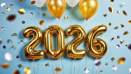 Golden 2026 Foil Balloons with Falling Confetti on Light Blue Festive New Year Celebration.