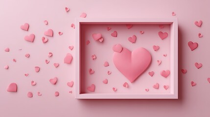 Soft pink rendering of a frame holding a large heart, surrounded by many smaller hearts