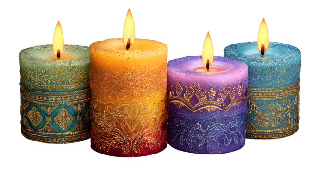 Three glowing Christmas candles with yellow flames and burning wicks stand on a white background as a festive holiday decoration for a romantic celebration - Powered by Adobe