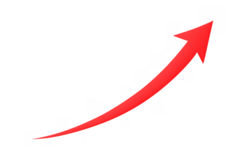 Red curved arrow icon indicating rising trend, growth, increasing profit, progress, and success on a transparent background