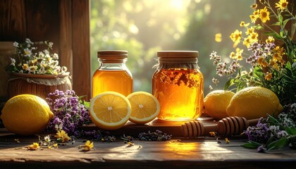 Golden Honey Jars, Lemons, and Flowers: Rustic Still Life with Sunlight.