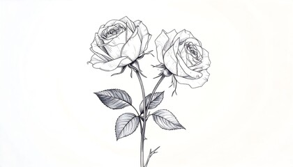 Elegant Sketch of Two Blooming Roses on a White Background.