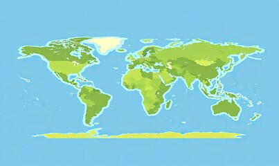 A flat, vectorized map of the world with countries outlined in shades of green on a blue background