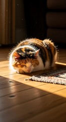 Calico Cat Basking in Sunlight on Wooden Floor.
