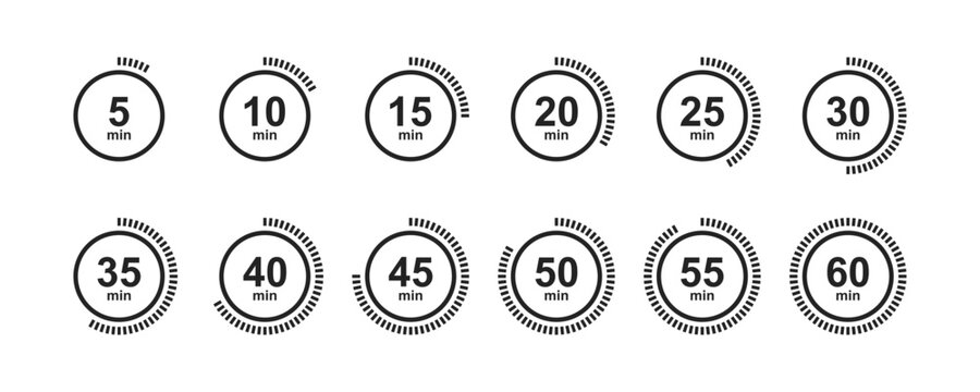 Circular countdown timer icons showing intervals from 5 to 60 minutes. Timer, clock, stopwatch isolated set icons. Countdown timer symbol. Cooking time label