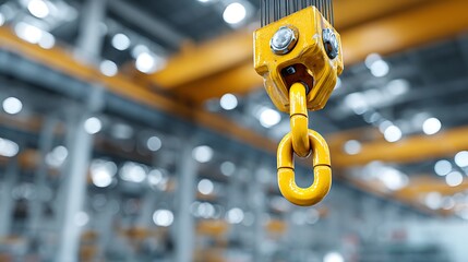 Close-up of a bright yellow industrial crane hook suspended in a factory setting