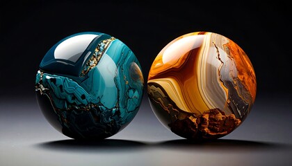 Two polished agate spheres, one teal and one amber, on a dark surface.