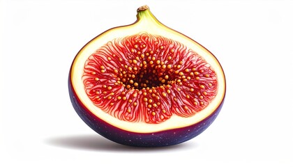 Halved Fig Fruit Displaying Seeds and Pulp on White Background.
