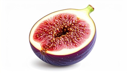 Halved Fig Fruit Displaying Seeds and Pulp on White Background.