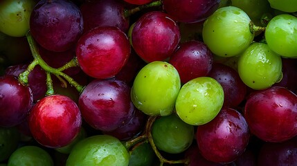 Close-up of mixed red and green grapes on vines, showcasing fresh, ripe fruit