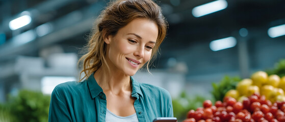 Smiling woman shopping fresh vegetables at market using smartphone for healthy food choice and lifestyle