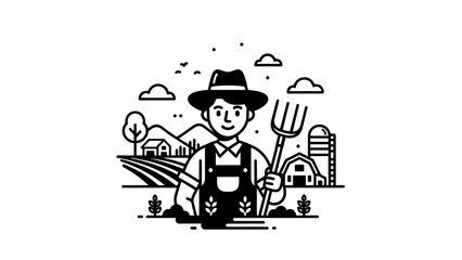 Fototapeta premium Happy Farmer Holding Pitchfork in Agricultural Field with Barn and Sun, isolated white background.