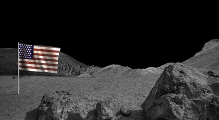 Moon. USA flag on lunar landscape.