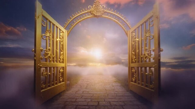 Open golden gates leading to a bright pathway through clouds and mist at sunrise - Powered by Adobe
