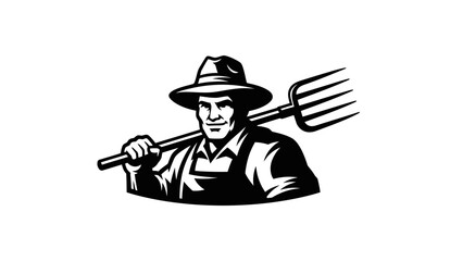 Strong Farmer Carrying Pitchfork in Profile, Isolated White Background