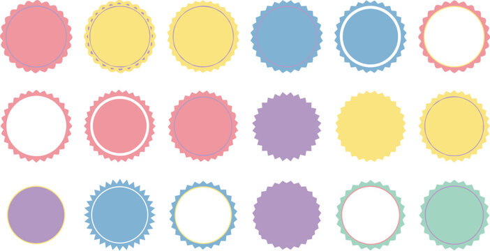 Collection of colorful pastel round badges and labels with decorative scalloped and jagged edges. Perfect for design elements, stickers, or promotional graphics.