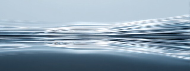 Wide panoramic abstract stream of metallic liquid data waves, futuristic motion blur, minimal tech aesthetic, clean horizon line with large space