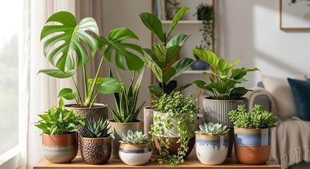 Indoor Plant Collection - A Variety of Greenery in Decorative Pots.