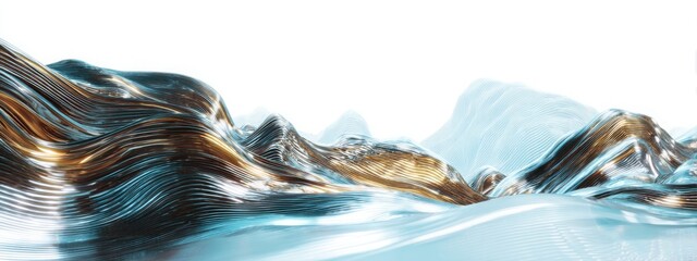 Wide panoramic abstract stream of metallic liquid data waves, futuristic motion blur, minimal tech aesthetic, clean horizon line with large space