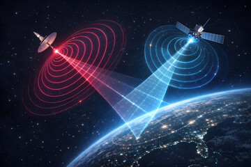 Satellite Signal Interference and Cybersecurity Defense Over Earth Global Space Technology Concept