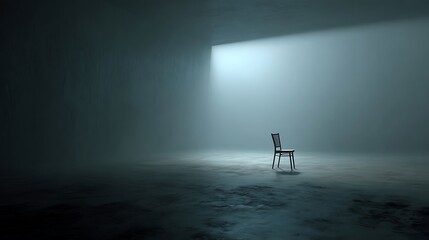 A solitary chair illuminated by a beam of light within a dark, empty, cavernous space