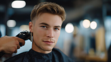 A hairstylist shaping a precise fade haircut in a trendy barbershop, clippers buzzing as clean lines and sharp angles emerge — professional grooming, modern barber culture, and high-detail