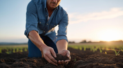 A farmer kneeling in a field, crumbling rich dark soil between their fingers to assess moisture and fertility levels at sunrise, symbolizing sustainable agriculture and land stewardship. cinematic