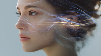 A human profile double-exposed with layered fingerprints and flowing data lines, symbolizing digital identity, biometric security, and privacy in the modern world. cinematic color correction,