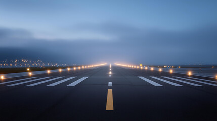 Fototapeta premium An empty airport runway at dawn with centerline lights fading into morning fog, capturing calm anticipation before the first departures of the day. cinematic color correction, natural uneven