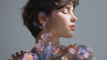A woman’s profile double-exposed with blooming flowers and neural light patterns, symbolizing personal growth, emotional intelligence, and mental health awareness. cinematic color correction,