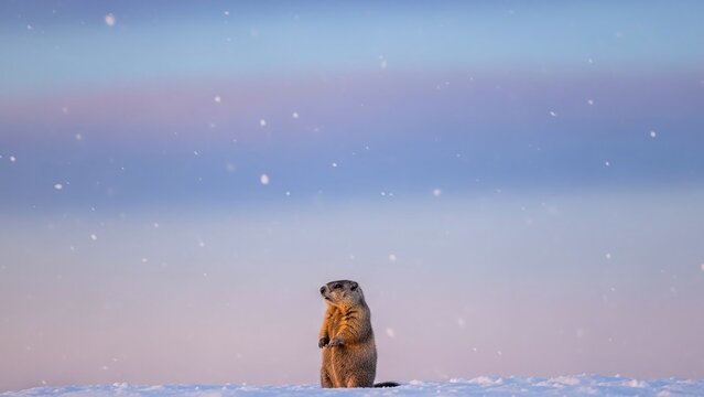 groundhog standing in snowy landscape during snowfall