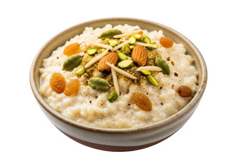 creamy rice pudding with almonds and pistachios in a bowl