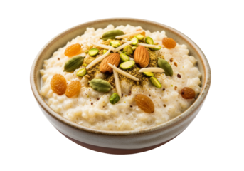 creamy rice pudding with almonds and pistachios in a bowl