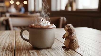 beaver figurine next to steaming mug with whipped cream on wooden table