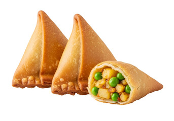 samosa trio with peas and chickpea filling on white background