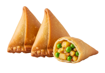 samosa trio with peas and chickpea filling on white background