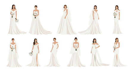Diverse set of illustrations showing women in various elegant white wedding dress styles holding bouquets for bridal fashion design.