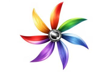 Rainbow pinwheel graphic featuring six vibrant petals in a full color spectrum, symbolizing fun, variety, and dynamic movement