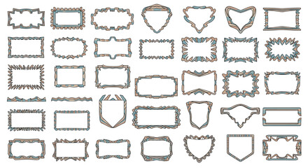 Comprehensive grid of various decorative frame designs in different geometric shapes and patterns for framing text or images.