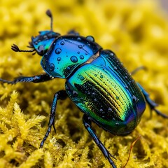 Iridescent Beetle on Moss - A Macro Shot of Natures Beauty.
