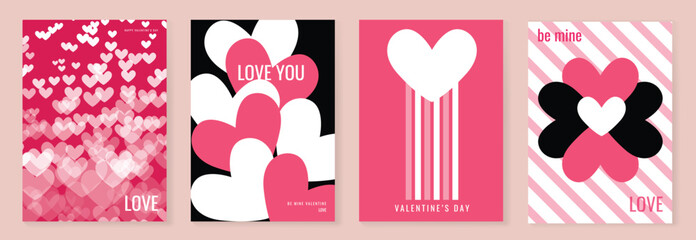 Valentine's Day heart posters set vector illustration with red, pink and black shapes, dripping heart and confetti. Bold modern design for greeting cards, flyers, banners and social media. © TWINS DESIGN STUDIO